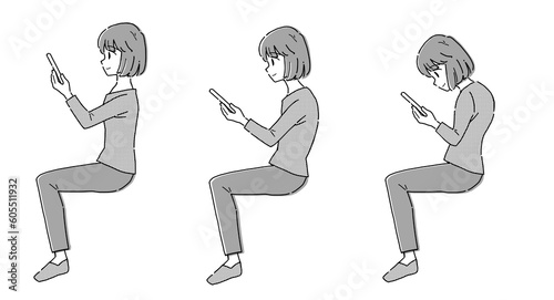 ストレートネック　若い女性のイラスト　モノクロ