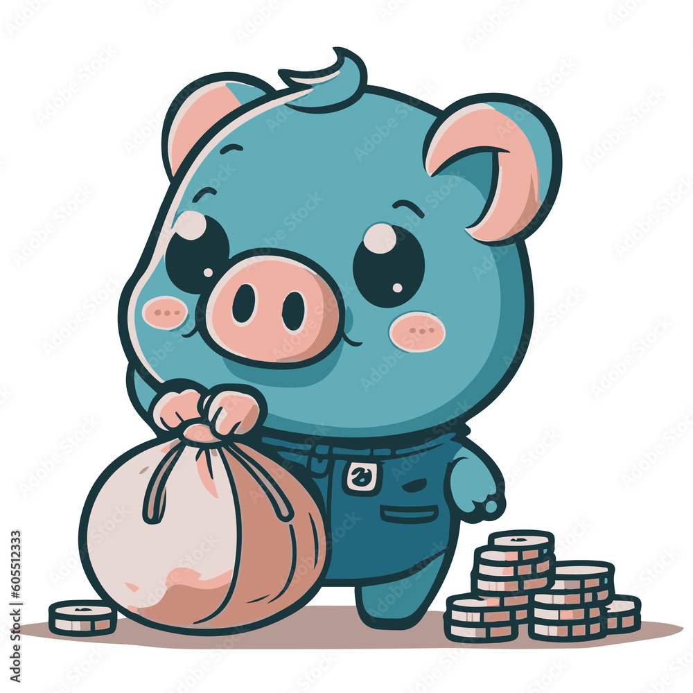 Fototapeta premium Cute pig with a sack of money