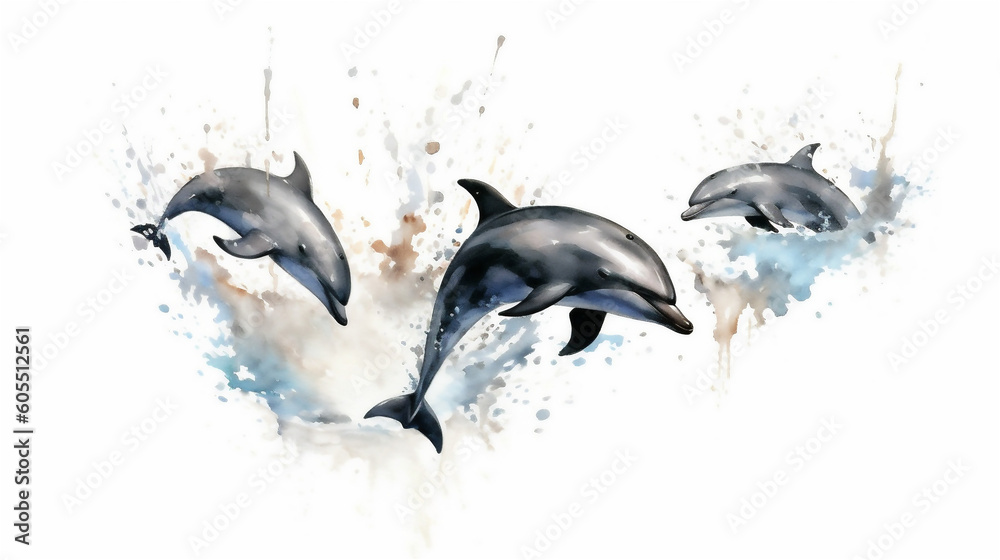 Fototapeta premium Generative AI, Graceful Leaps: Watercolor Drawing of Dolphins in Mid-Air