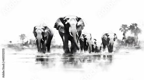 Generative AI, Serenity of the River: A Family of Elephants Bathing