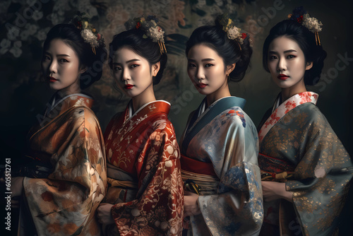 Four Japanese women posing in Kimono, traditional wear. Generative AI