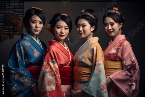 Group of Japanese Women posing in Kimono, Beautiful faces, colorful image. Generative AI