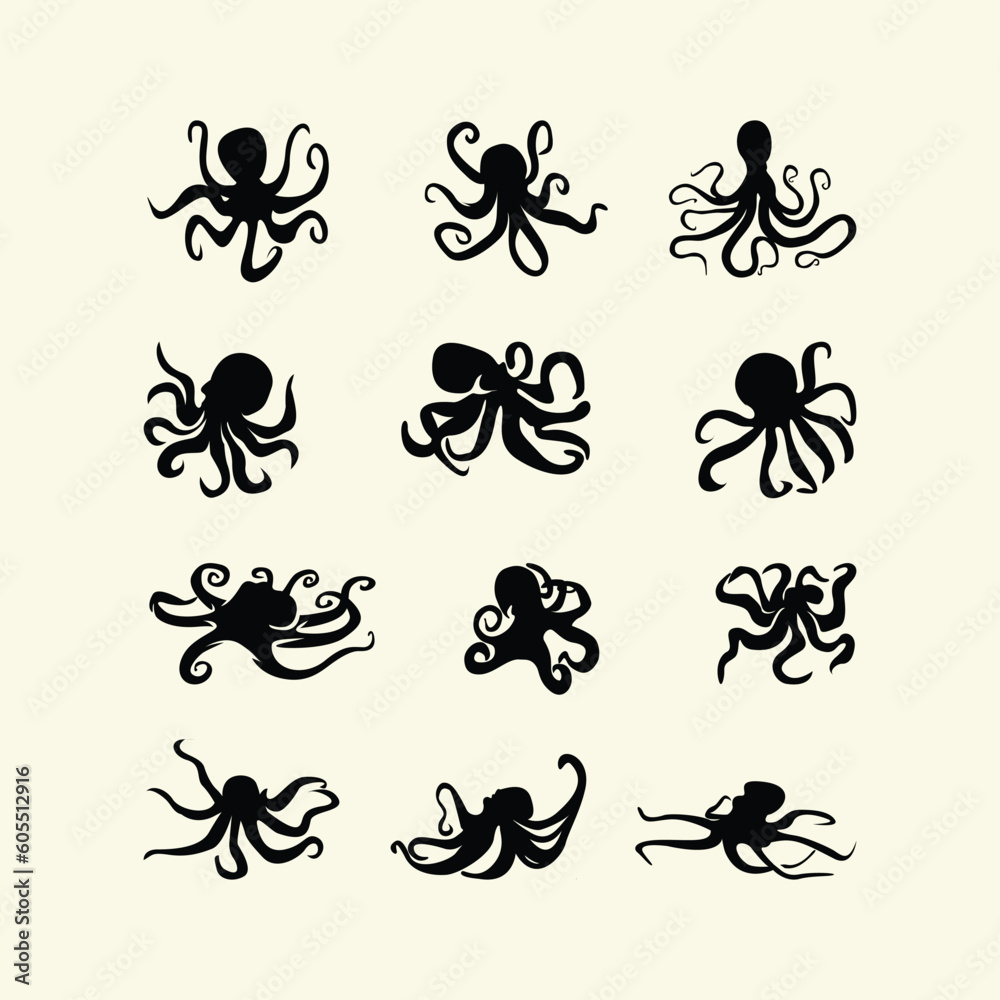 Set of octopus silhouette collection vector Set of octopus silhouette collection vector