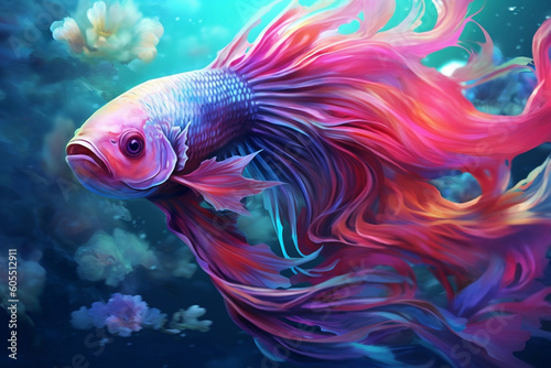 Colorful Fantasy Fighting Fish Swimming in an Artistic Aquarium, generative AI