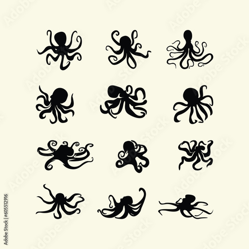Set of octopus silhouette collection vector © Vectorhive