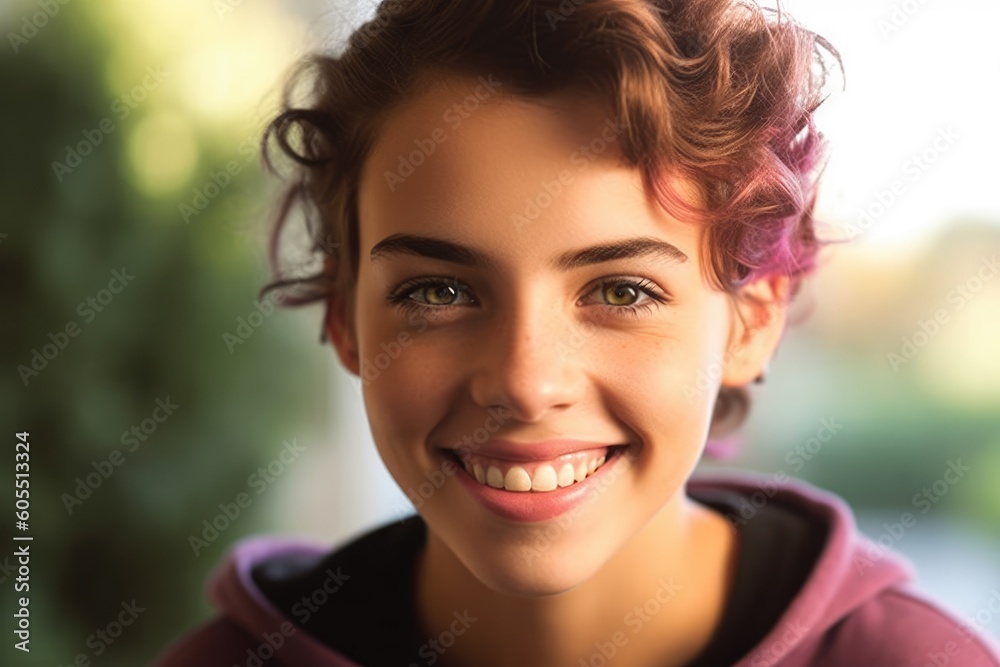 Smiling beautiful teenage girl looking at the camera. Generative AI Smiling beautiful teenage girl looking at the camera. Generative AI