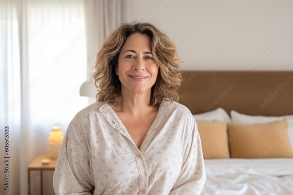 Very attractive mature women posing sitting at her bedroom looking at the camera. Generative AI Very attractive mature women posing sitting at her bedroom looking at the camera. Generative AI