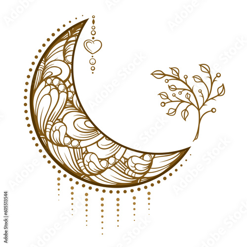 Golden cresent moon temporary tattoo. Ethnic style vector graphic.