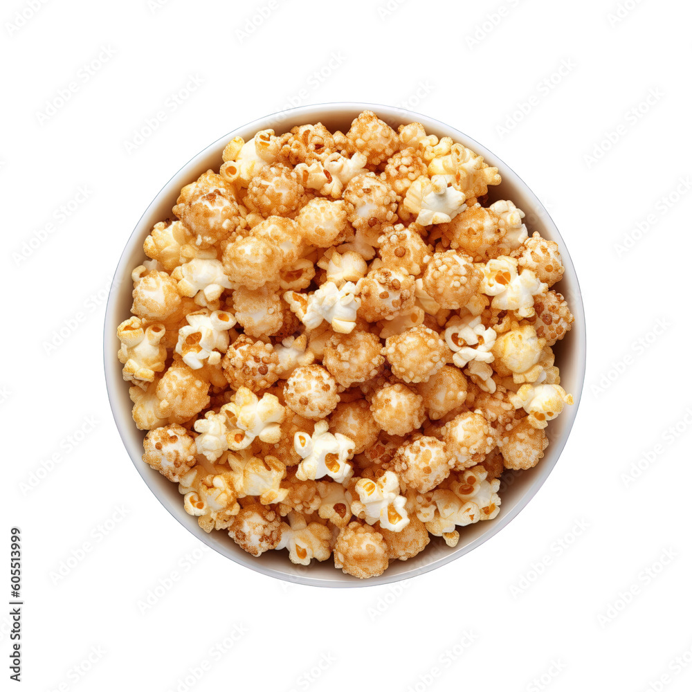 top view popcorn in bowl isolated on transparent background. Created with Generative AI Technology top view popcorn in bowl isolated on transparent background. Created with Generative AI Technology