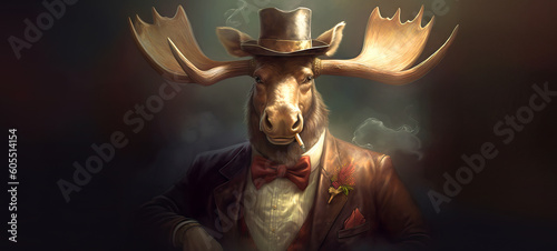 Bull Moose, The Boss Moose. A Majestic Gangster, Antlered Ruler of the Smoky Room, Commanding Power and Style. Generative AI.