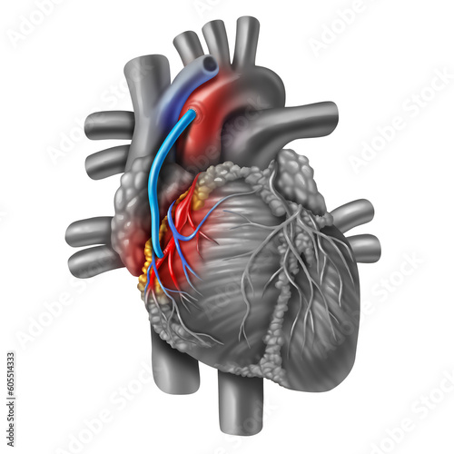 Coronary Artery Bypass Grafting or CABG as an obstruction of plaque in the coronary artery or arteries as a vein from a leg that is grafted to a heart bypassing a blockage photo