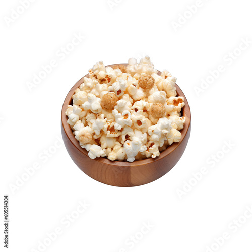 top view popcorn in bowl isolated on transparent background. Created with Generative AI Technology
