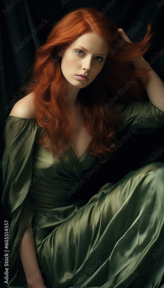 Naklejka premium Portrait of a Fictional Beautiful Redhead Woman Model wearing an Elegant Green Silk Dress. Generative AI illustration.