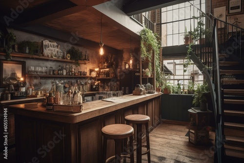 A corner kitchen with a bar in a loft. Generative AI