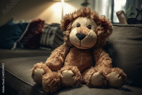 A stuffed lion toy sitting on a couch. Generative AI