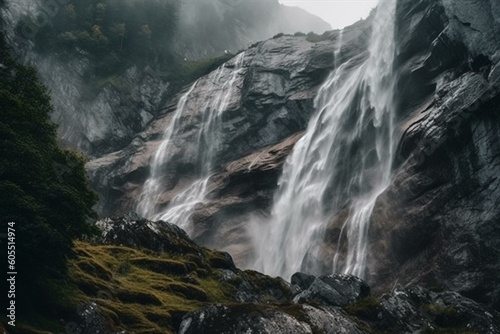 A breathtaking waterfall cascades down a majestic mountain peak. Generative AI