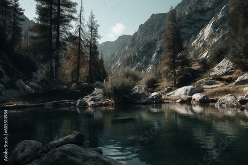 A serene lake nestled in the mountains. Generative AI © Mason
