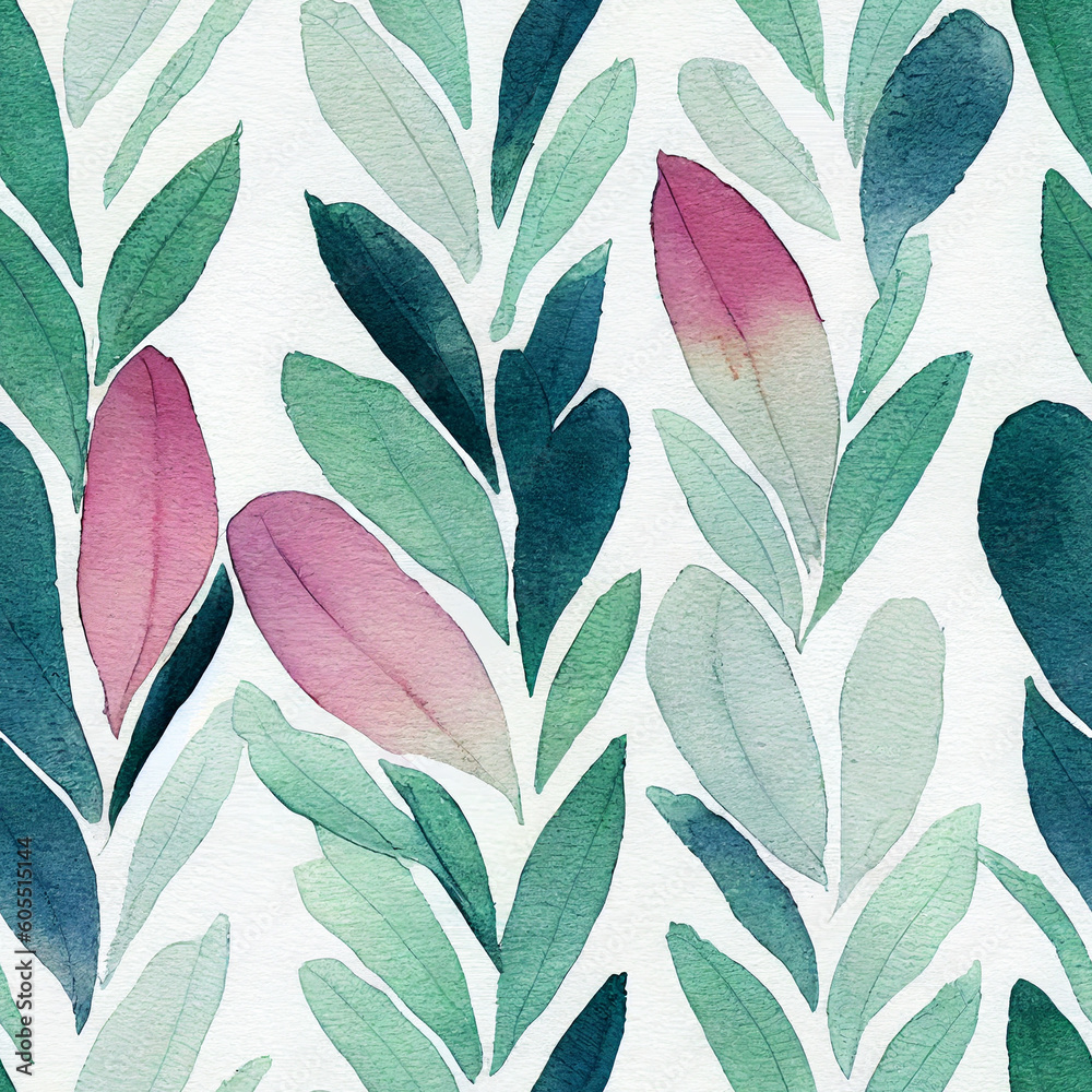 Whimsical Watercolor: A Natural Green Spring Pattern of Modern Decorative Leaves in a Refreshing Seamless Design Whimsical Watercolor: A Natural Green Spring Pattern of Modern Decorative Leaves in a Refreshing Seamless Design