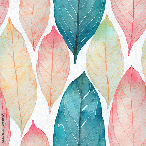 Whimsical Watercolor  A Natural Spring Pattern of Modern Decorative Leaves in a Refreshing Seamless Design