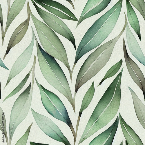 Whimsical Watercolor  A Natural Green Spring Pattern of Modern Decorative Leaves in a Refreshing Seamless Design