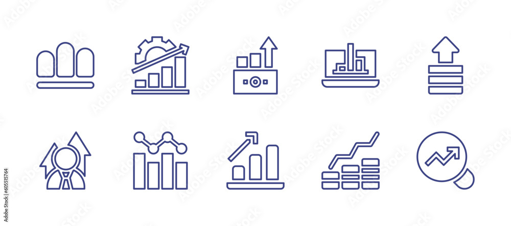 Increase and decrease line icon set. Editable stroke. Vector illustration. Containing analytic, data analytics, increase, improve, promotion, bar chart, income, search chart.