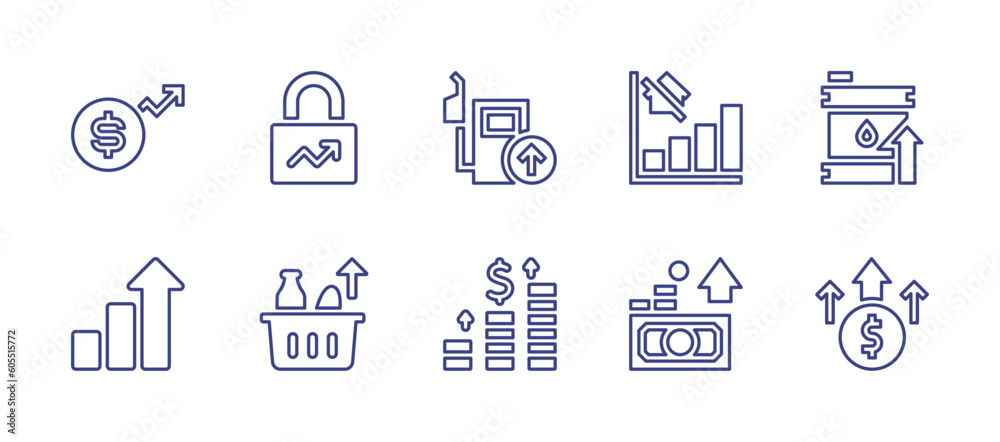 Increase and decrease line icon set. Editable stroke. Vector illustration. Containing increase, gasoline, graph, fuel, growth, food, salary, rising, money.