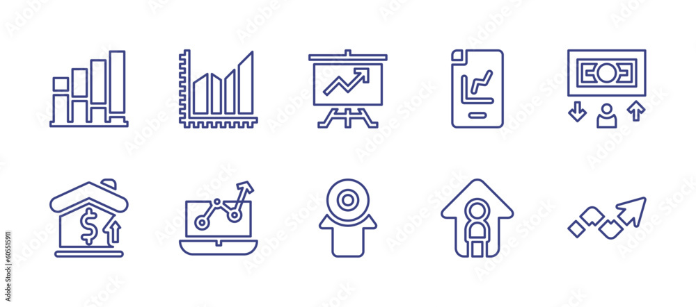 Increase and decrease line icon set. Editable stroke. Vector illustration. Containing bar chart, graph, analytics, smartphone, wage, price up, improvement, profit, arrow, arrows.