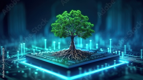 3D rendering of a green tree growing on the motherboard of a computer.Generative Ai