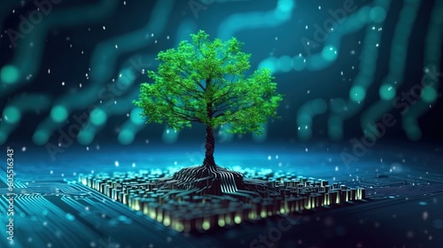 3D rendering of a green tree growing on the motherboard of a computer.Generative Ai photo