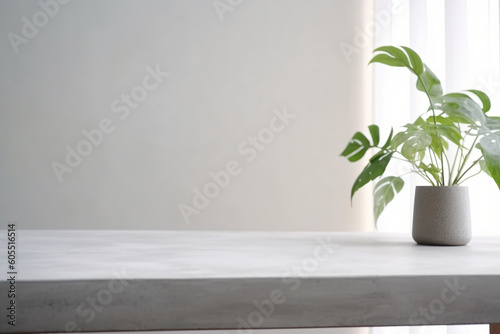 gray slab table with a potted plant, empty for background, design, copy space