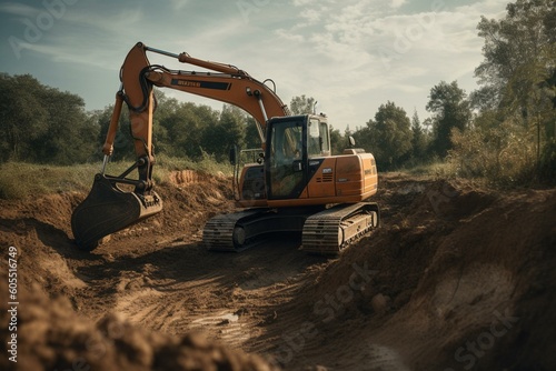Excavator digs pit for earthwork. Generative AI
