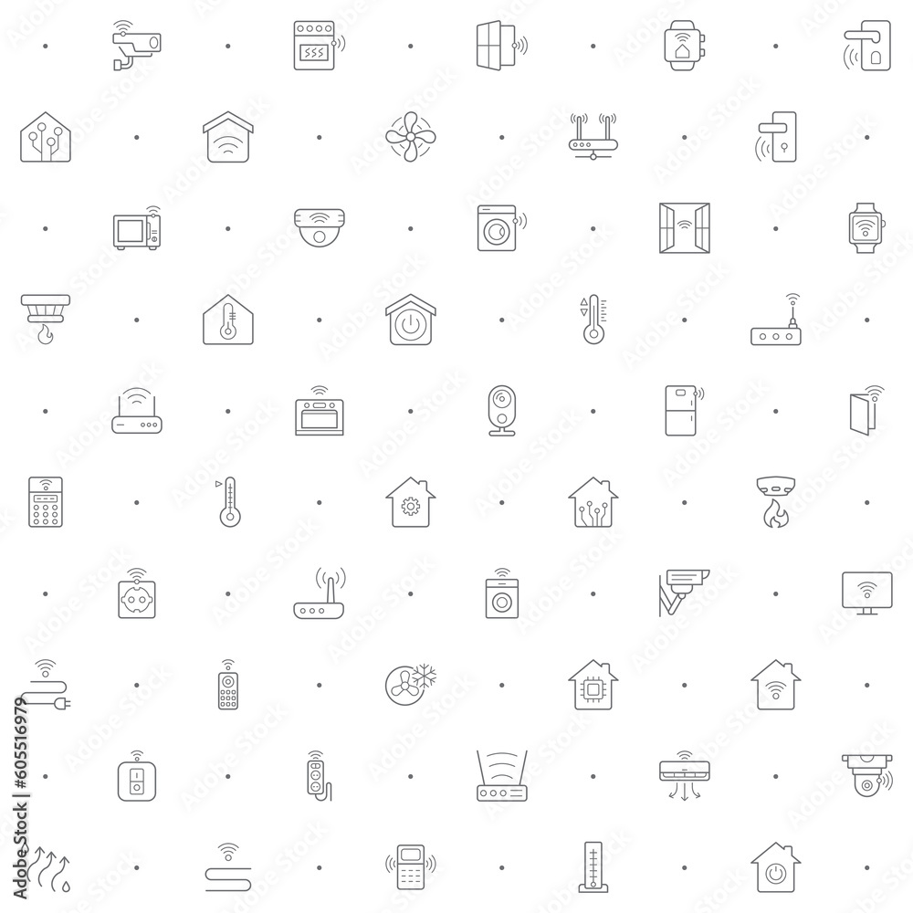 Seamless pattern with smart home icon on white background. Included the icons as house, hub, door lock, sensor, control, smart watch, lighting, devices, washing machine and design elements Seamless pattern with smart home icon on white background. Included the icons as house, hub, door lock, sensor, control, smart watch, lighting, devices, washing machine and design elements