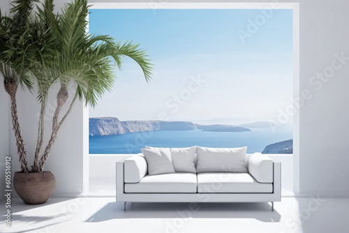 white sofa in luxury greece apartment with view of sea