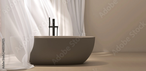 Brown ceramic bathtub  black shower head  faucet  white blowing sheer curtain in sunlight on beige wall  floor for luxury  modern  minimal lifestyle interior design  toiletries space background 3D