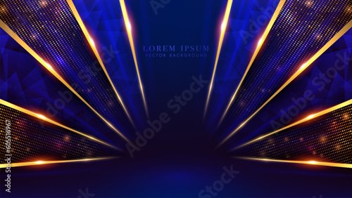 Blue luxury background with triangle diamond elegant, diagonal golden lines and glowing effects decoration element. Elegant style vector design