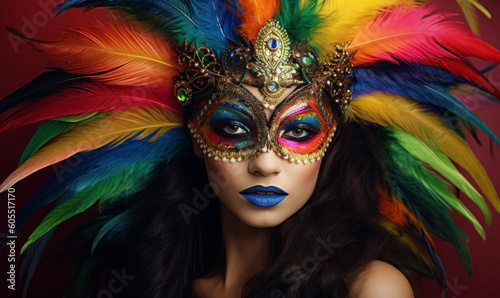Celebrating Diversity: Model Enchants in a Colorful Feathered Masquerade Mask, Embracing the Vibrant Rainbow of Identity.