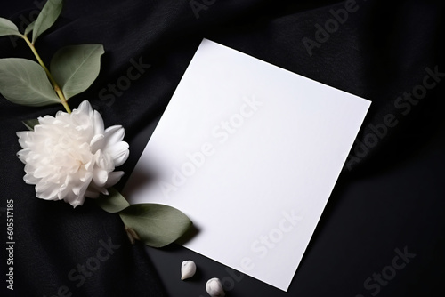 white blank card paper on black cloth background with white flower