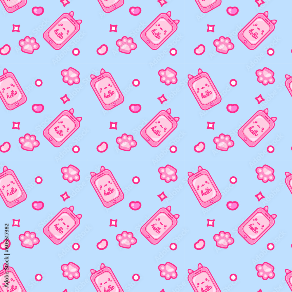 Kawaii pink phone pattern with paws and hearts on blue background