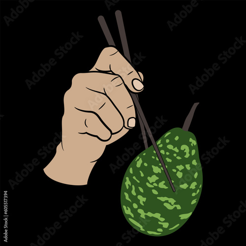 Human hand holding a Speckled Bottle Gourd with chopsticks. Exotic Asian food design. Lagenaria siceraria. Green calabash Opo squash. On black background.