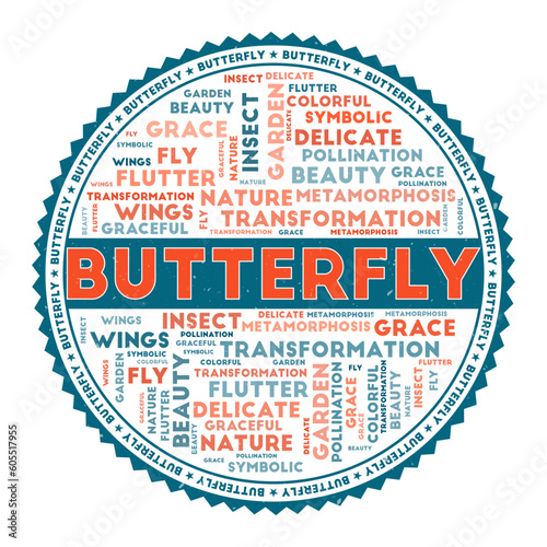 Butterfly concept with word clouds and round text. Nice colors and grunge texture. Awesome vector illustration.