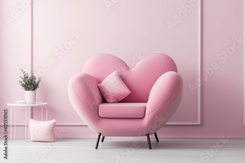 Heart-shaped pillow on stylish pink armchair in bright minimalist interior, generative AI