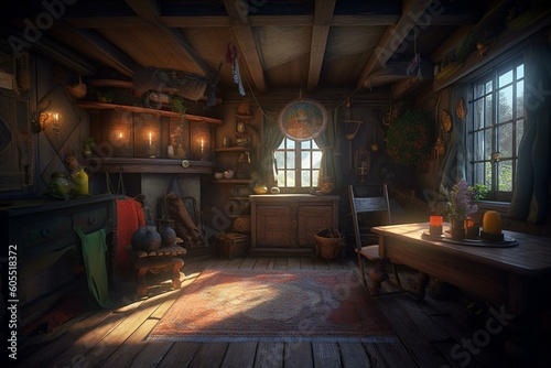 A vibrant cottage interior with hearth, cauldron, and enchanted objects. Rendered in 3D with Daz Studio. Generative AI