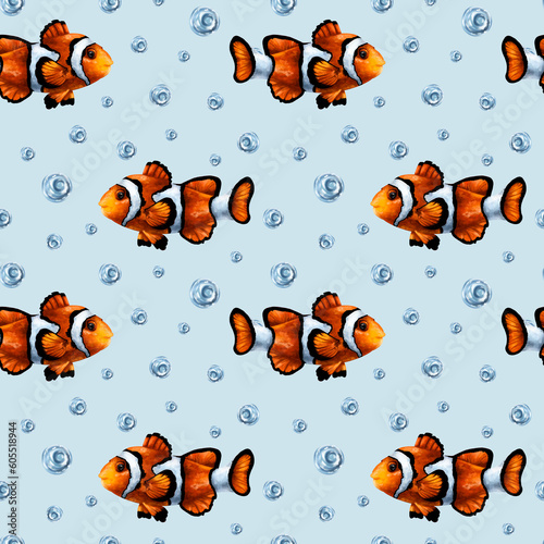 Seamless pattern with colorful tropical clown fish and water bubbles. Marine underwater life, travel, diving. Illustration for textiles, fabrics, banners, wrapping paper, wallpaper