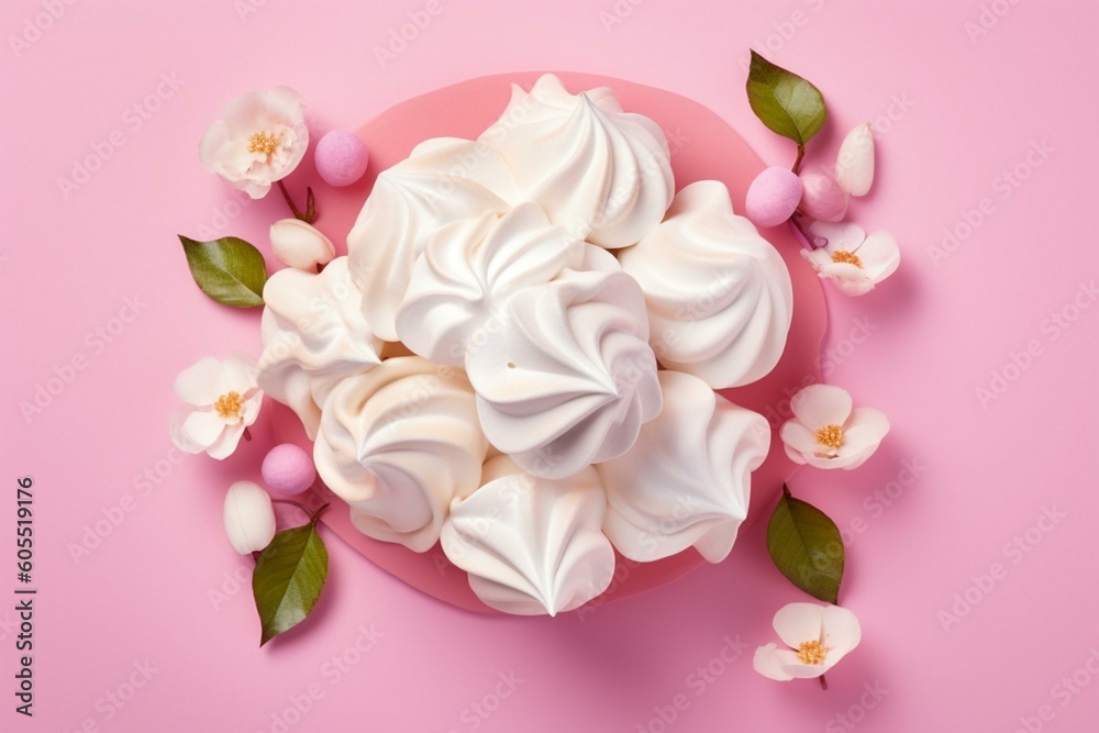 A creative pastry with white and pink meringues, top view, isolated on pastel pink. 3D render illustration. Generative AI