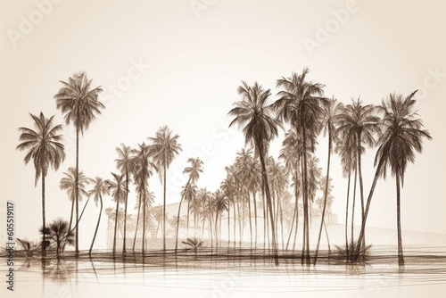 Single-line drawing of palm trees on a beach with a transparent background. Generative AI