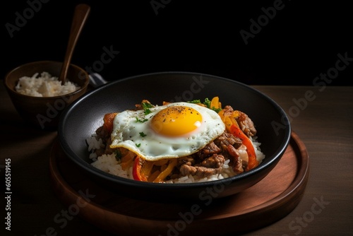 Donbury dish with fried egg, meat, and vegetables served over rice. Generative AI