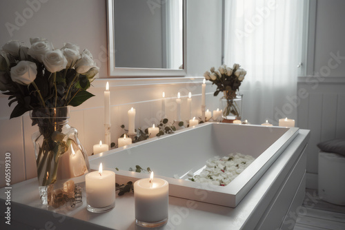 Elegant white bathroom interior with modern vessel sink  rose and candles. Romantic zen Atmosphere  Burning Scented Candles and rose  generative AI