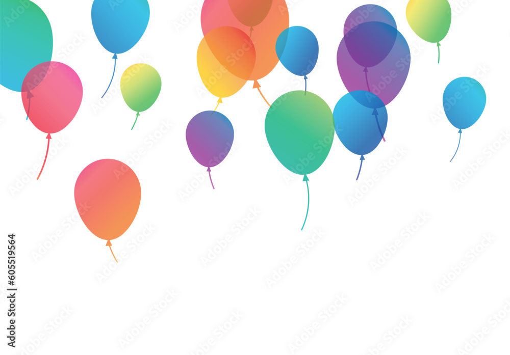 Illustration of colorful balloons on white background with space for text.