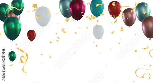 Colorful balloons, confetti and ribbons on grey background.