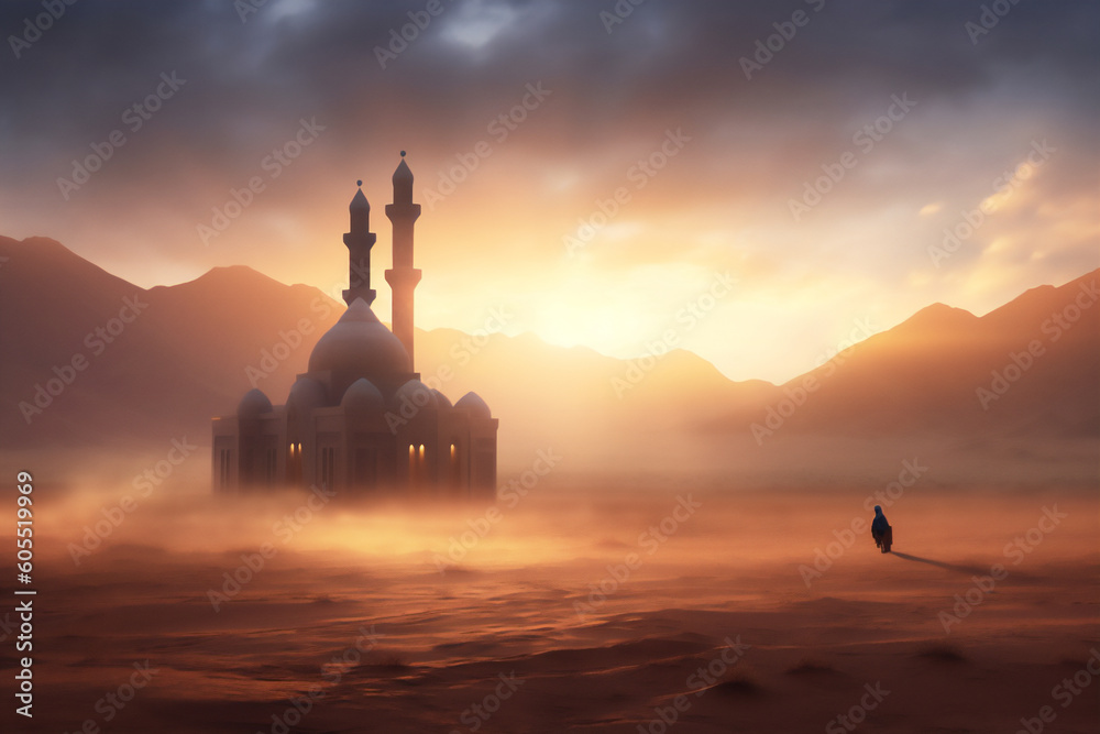 Beautiful Mosque illustration at the desert in sunset or sunrise, with beautiful dramatic light, Created using generative AI tools